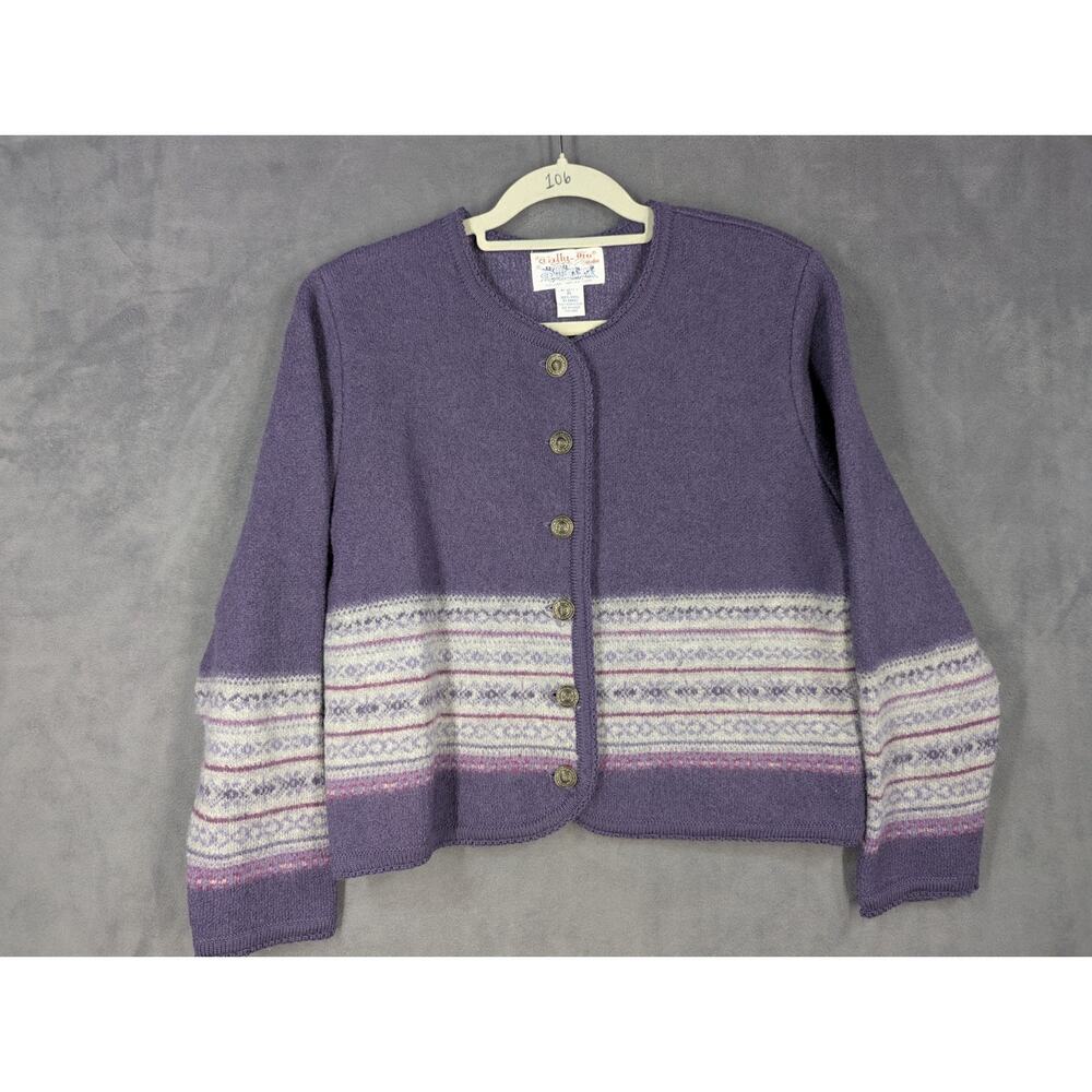 VTG Tally Ho Cardigan Sweater 100% Wool Nordic Fair Isle Purple Petite Large PL